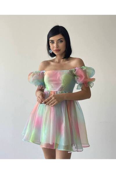 SONREİR KARE YAKA KISA BALON KOL GÖKKUŞAĞI RENGİ MİNİ ELBİSE