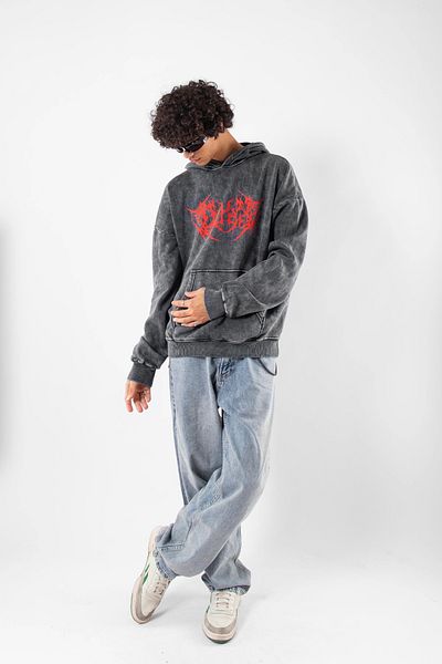 Sekizbiraltı Πλένεται Μαύρο Κόκκινο Dusk Printed Oversize Unisex Hoodie