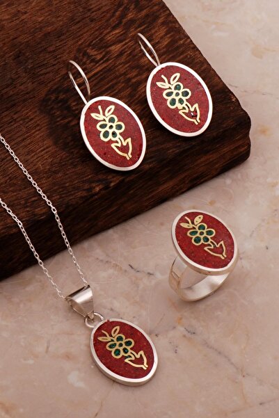 Sümer Telkari Çiçek Mozaik İşlemeli Renkli Gümüş Set 2704