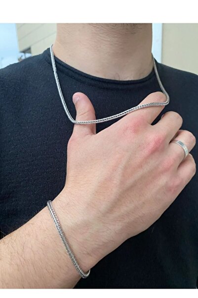 dergavud Erkek Gümüş Gri Renk Celik Tilki Kuyruğu Model Kolye Bileklik Seti