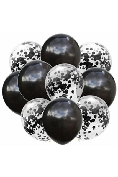 Deniz Party Store 5 Pieces Black 5 Pieces Transparent Balloons Set with Black Confetti 10 Pieces