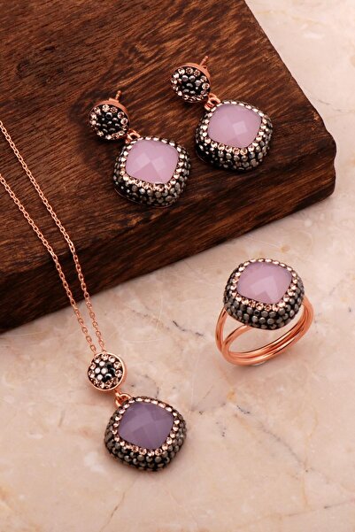 Sümer Telkari Pembe Kuvars Taşlı Rose Gümüş Set 2709