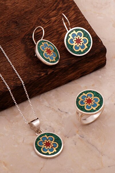 Sümer Telkari Çiçek Mozaik İşlemeli Renkli Gümüş Set 2690