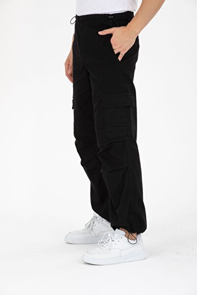 BİLBEC JEANS Kargo Cepli Beli Lastikli Siyah Renkli Salaş Baggy Unisex Pantolon