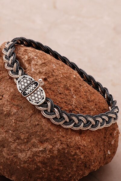 Sümer Telkari Yaşam Çiçeği 20 Cm Hasır Örgü Elişi Gümüş Erkek Bileklik 4356