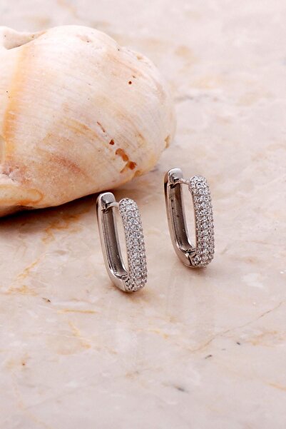 Sümer Telkari Taşlı Dikdörtgen Gümüş Halka Küpe 5162