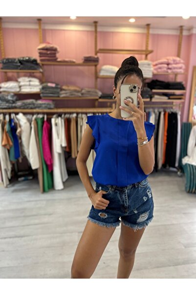 GLAMIFY FASHION Yuvarlak Yaka Fırfırlı Kısa Kol Önü Bloklu Rahat Kesim Düğme ...