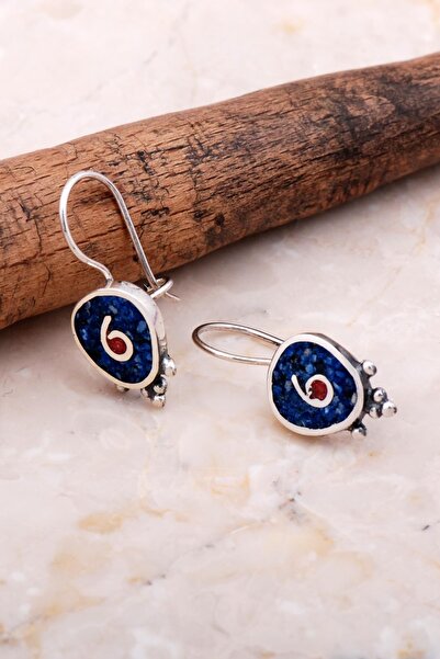 Sümer Telkari Antik Mozaik Işlemeli Lapis Lazuli Taşlı Gümüş Küpe 6072