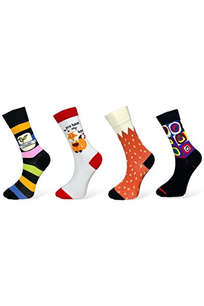 Mevo Unisex Set of 4 Patterned Cotton Flexible Socks - Mixed Colors
