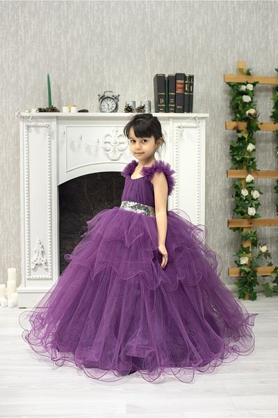 FR Shop Girl's Flannel Fluffy Silver Belt Detailed Double Handkerchief Skirt with Ruffles on the Shoulders 2024 New Season