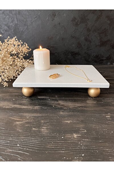 İDAY HOME Doğal Gold Ayaklı Mermer Pasta Kek Standı, Gold Boncuk Ayaklı Merme...