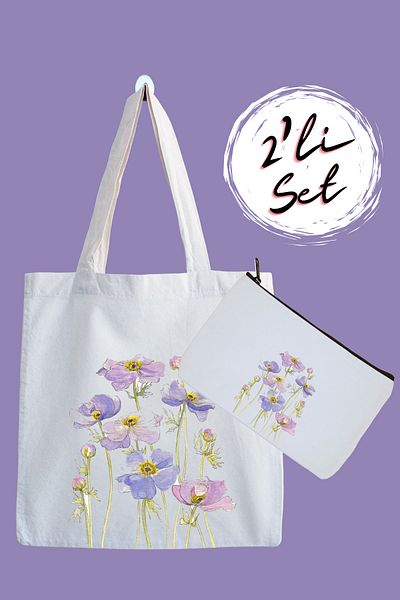 designedfy Cloth Bag and Pen Holder Set - Purple Flowers Printed