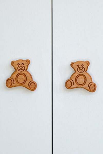 Üreet Teddy Bear Patterned (2 Pcs) Baby Kids Room Wooden Furniture Cabinet Drawer Handle