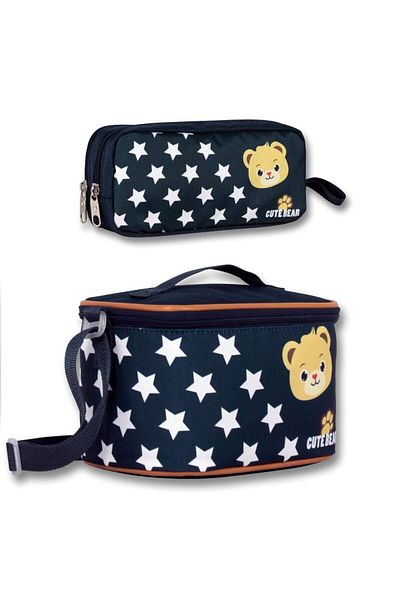 ÜMİT ÇANTA Ümit Çanta Boy's Insulated Lunch Box and Pen Holder Set - Navy Blue Teddy Bear