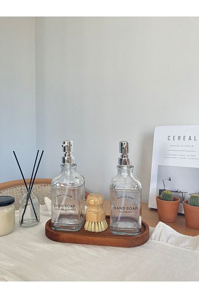 Mirilliahome Σετ 2 Διανομέας υγρού σαπουνιού και βούρτσα κουζίνας - με ξύλινη βάση