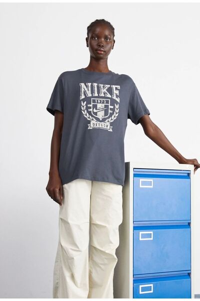 Nike Sportswear Fleece Boyfriend Short-Sleeve Oversize Gri Kadın T-shirt