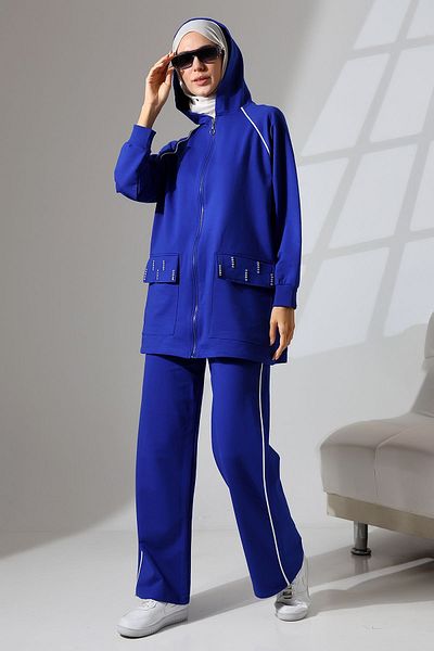 Mihran Butik Saks Blue Γυναικείο Hijab - Αθλητικό και άνετο χτενισμένο βαμβακερό σετ