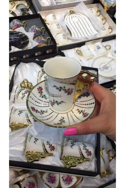 Vintage Esterhomedecor - طقم أكواب بورسلين بلون القهوة لـ 6 أشخاص