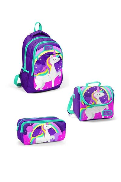 Yaygan Coral High Purple Unicorn Patterned 3-Piece Primary School Bag Set 14376