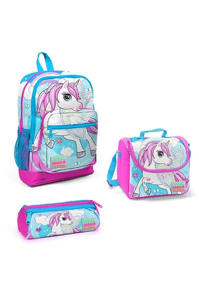 Yaygan Coral High Pink Blue Unicorn Patterned 3-Piece Bag Set 23711