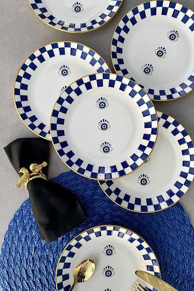 porselenden Evil Eye Bead Gold Gilded 6 Person Porcelain 19 Cm Cake Set with Gold Detail