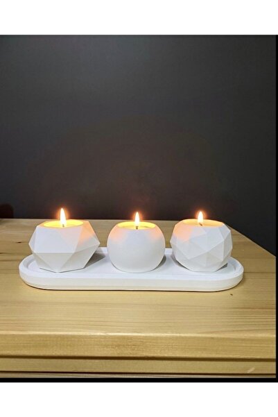Genel Markalar Üçlü Tealight Beton Mumluk Ve Saksı Set - Organizer Tabak - Ta...