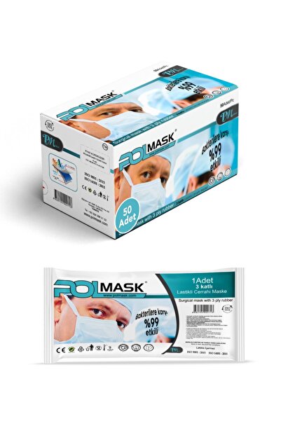 PolMask Maske 3 Katlı Meltblown 'lu | Tek Tek Steril Paketli |50 Adet (Mavi)