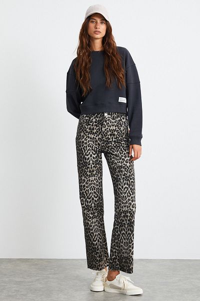 GRIMELANGE Anjali Oversize Fit 3 nitě zvýšený kulatý límec Dlouhý rukáv Ornamentální štítek Detailní antracitová mikina