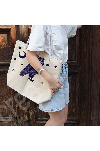 Crea Eymer Wear Βαμβακερή τσάντα παραλίας με μοτίβο κουκουβάγιας