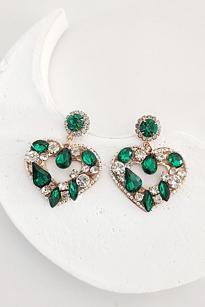 New Obsessions Green Stoned Heart Dangle Evening Dress Earrings