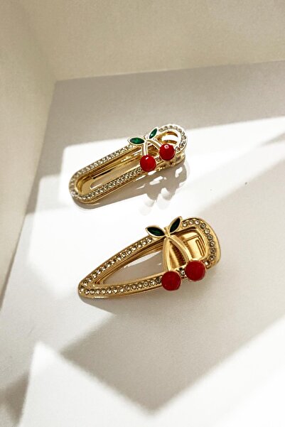 New Obsessions Cherry Figured Crystal Stone Asymmetric Metal Collet Side Buckle Set of 2