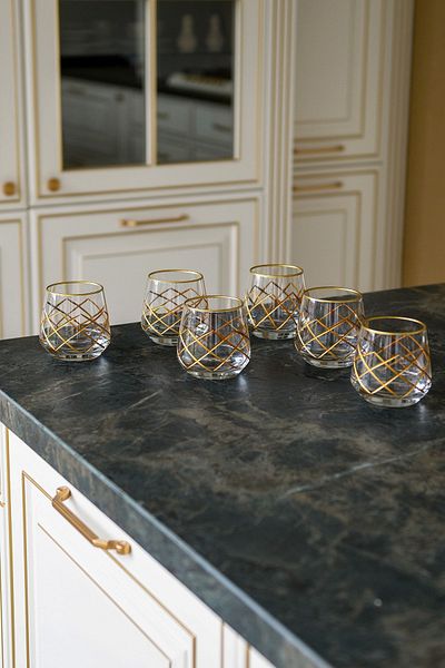 P H Panayır Home Lav Lux Dowry Set for 6 Persons Gold Gilded Soft Drink Glass Water Glass