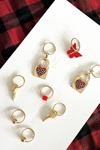 New Obsessions Red Dreams Butterfly and Heart Figured Hair Earrings Set 8 Pieces
