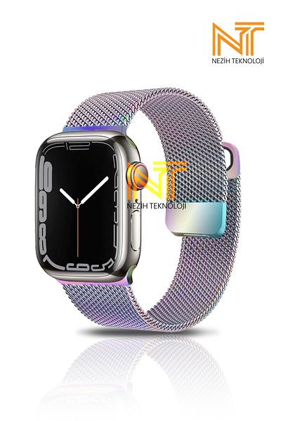 Nezih Case Apple Watch Series 2/3/4/5/6/7/8/9/se 38mm-40mm-41mm حزام معدني شبكي متوافق