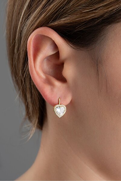Silvano Jewelry 925 Ayar Gümüş Gold Zirkon Taşlı Kalp Küpe
