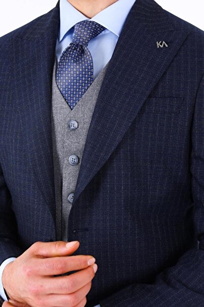 Kadir Büyükkaya Slim Fit Viskon Karışımlı Yelekli Erkek Takım Elbise - Modern Kesim-kaw1002s