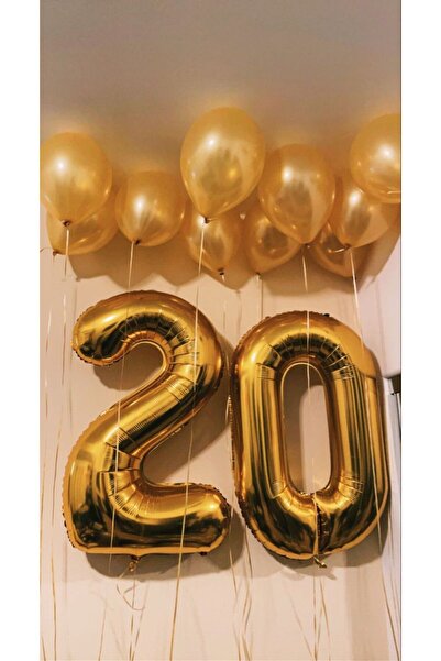 Lema Store 20 yaş folyo rakam 100 cm balon +10 adet 12 inc metalik gold balon