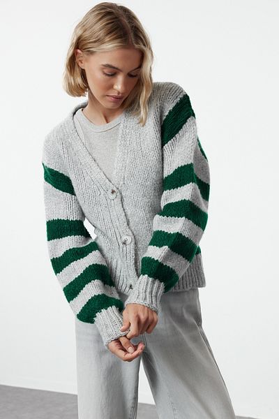 Trendyol Collection Color Blocked Gray Striped Soft Knitwear Cardigan - Twoaw25Hi00206
