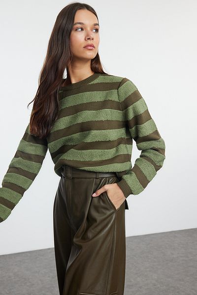 Trendyol Collection Khaki Striped Knitwear Sweater - TWOAW25KZ00234