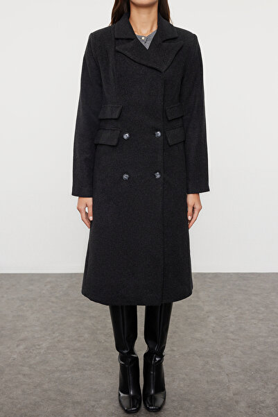 Trendyol Collection Ciemnoszary wełniany długi płaszcz - regularny krój, kieszenie szczegółowo Twoaw25Kb00043