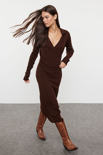 Trendyol Collection Πλεκτά Μίντι Φόρεμα - Καφέ, Μασίφ, Διπλό Στήθος TWOAW25EL00011