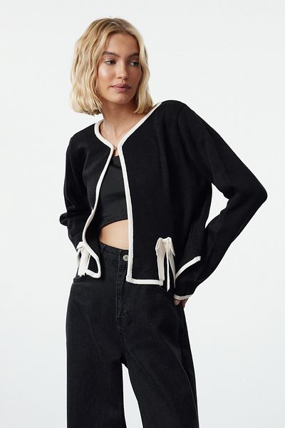 Trendyol Collection Crop Knitwear Cardigan - Black with Ribbon and Bow Detail Twoaw25Hi00067