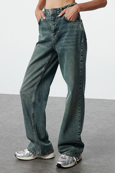 Trendyol Collection Magas derekú vintage széles lábú sötétkék farmernadrág - halvány hatású TWOAW25JE00095