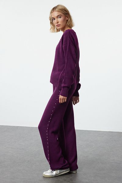 Trendyol Collection Lila széles szabású kő részletes kötöttáru alsó-felső készlet TWOAW24AU00008