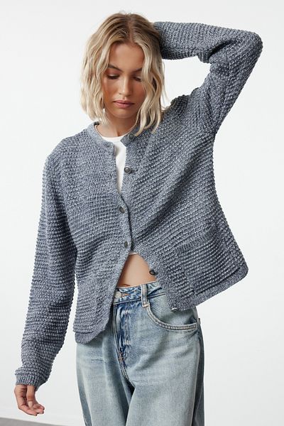 Trendyol Collection Crew nyakú indigó kötött kardigán - TWOAW25HI00270