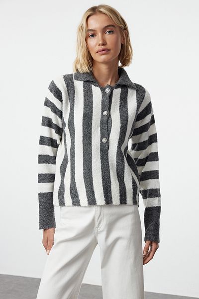 Trendyol Collection Soft Textured Dark Gray Striped Boucle Knitwear Sweater - Twoaw25kz00188