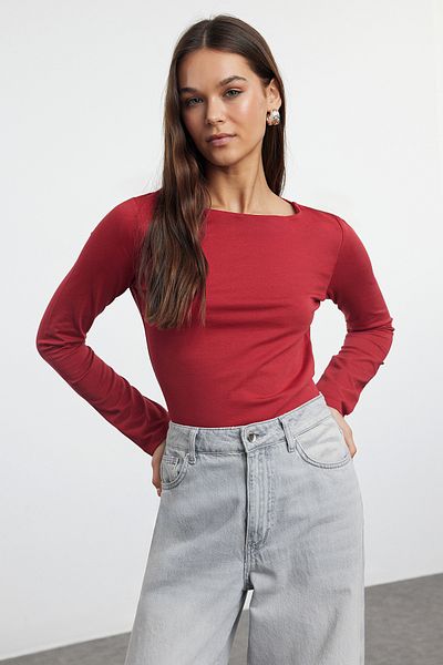 Trendyol Collection Piros-antracit dupla csomagos csónaknyakú, testhezálló kötött blúz TWOAW25BZ00062