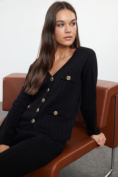Trendyol Collection Knitwear Top and Bottom Set - Black with Button Detail Twoaw25Au00085