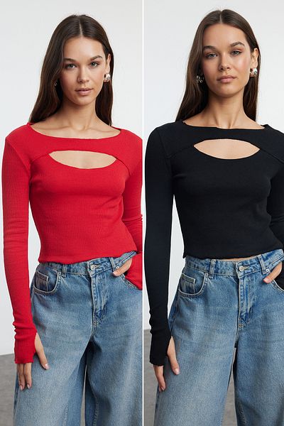 Trendyol Collection Black and Red 2-Piece Body-Fitting Ribbed Knitted Blouse - Cut Out Detail, Flexible TWOAW25BZ00059