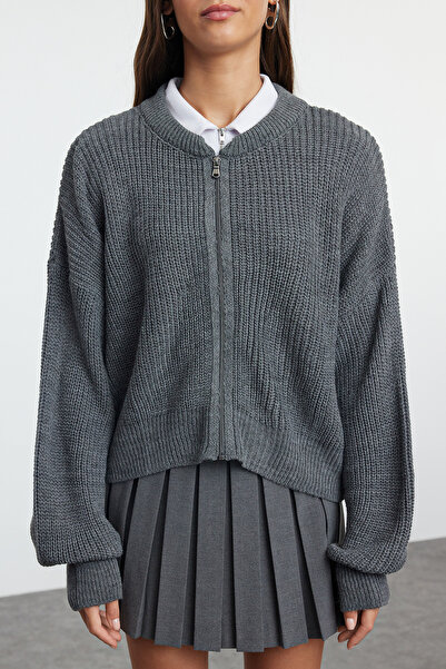 Trendyol Collection Široký střih na zip antracitový úplet Cardigan - Bomber Collar Twoaw24Hi00153
